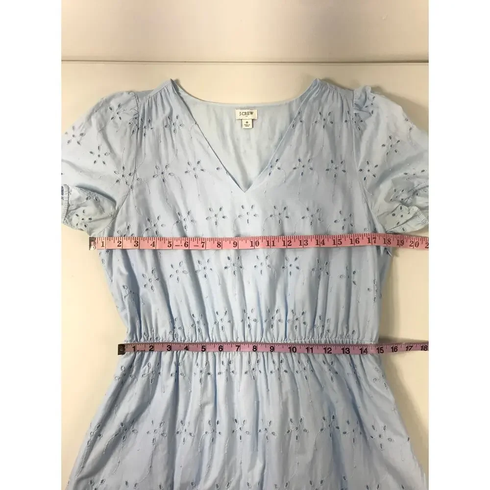 J. Crew Midi Dress Women's 8 Blue V Neck Puff Sleeve Eyelet Tiered Feminine - Picture 14 of 15